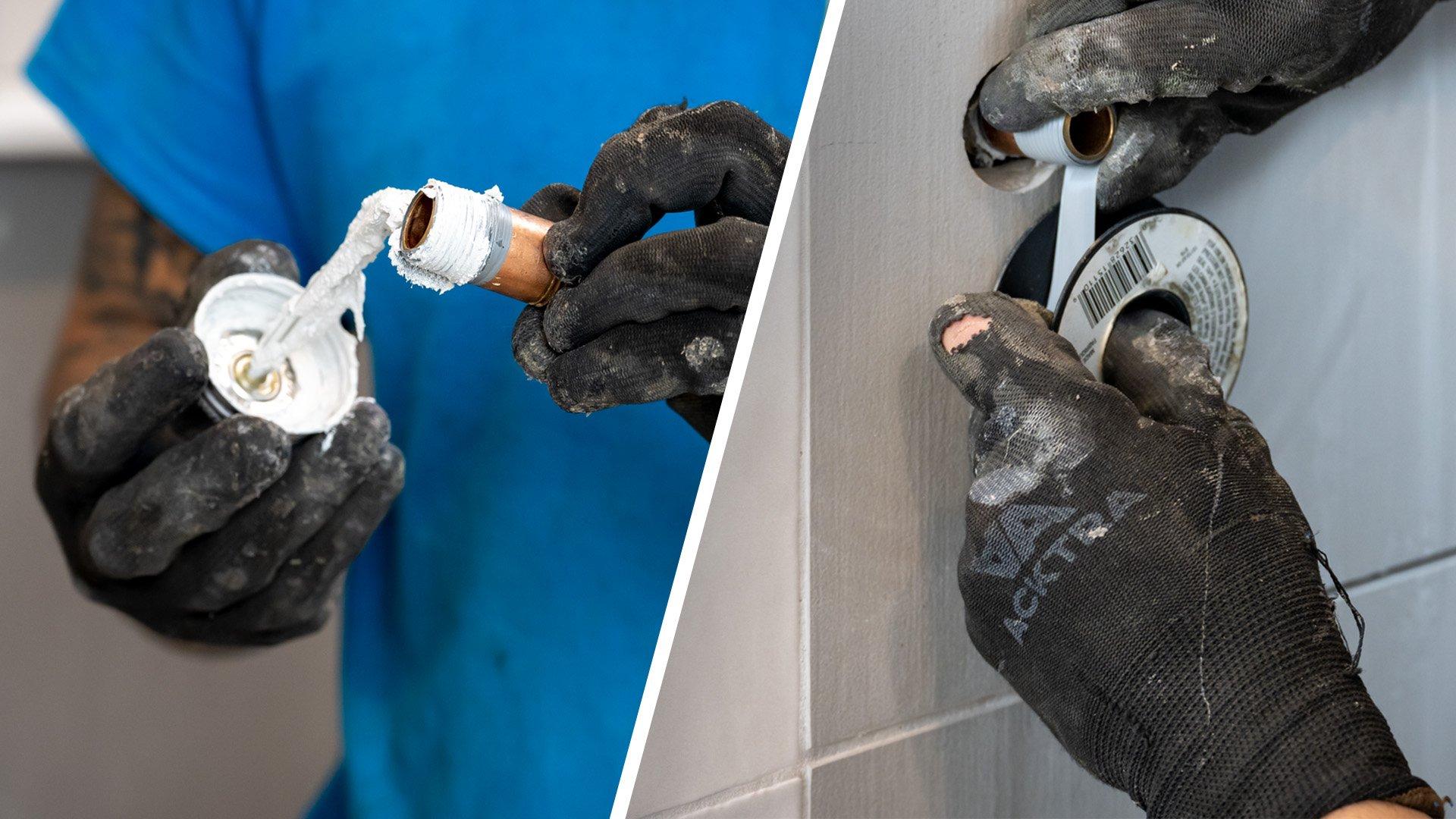 Side-by-side image of technician with black gloves on using pipe dope and Teflon tape in residential home. 